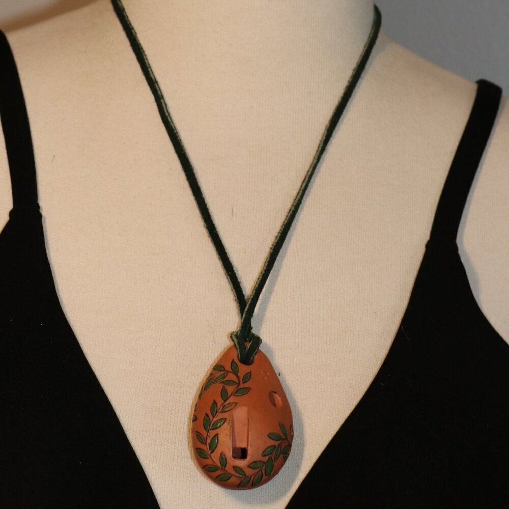 22" Clay Ocarina Wind Instrument Necklace With Handpainted Vines and Dragon Fly